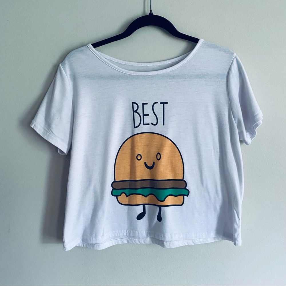SHEIN Women's White Short Sleeve Crew Neck Hamburger Graphic T Shirt Size Large